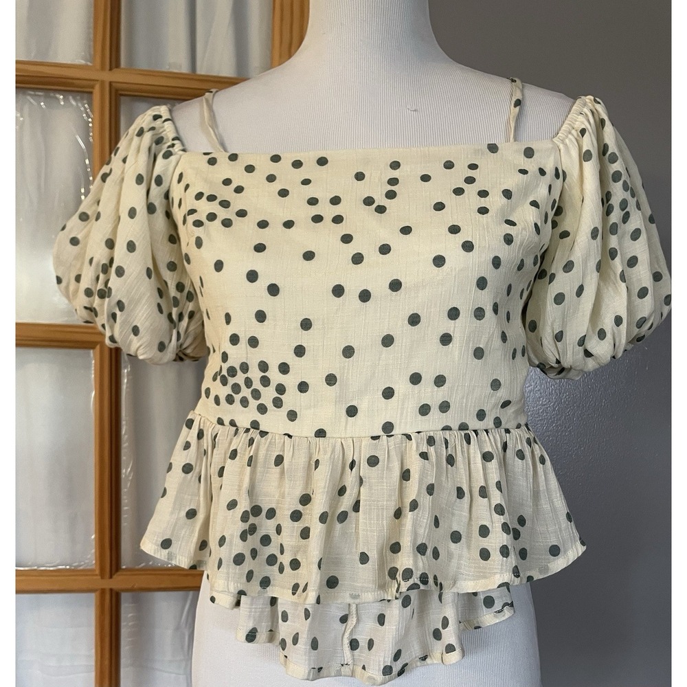 Francesca's Mi Ami Crop Top Women M Ivory Black Dots Balloon Sleeve Modern City